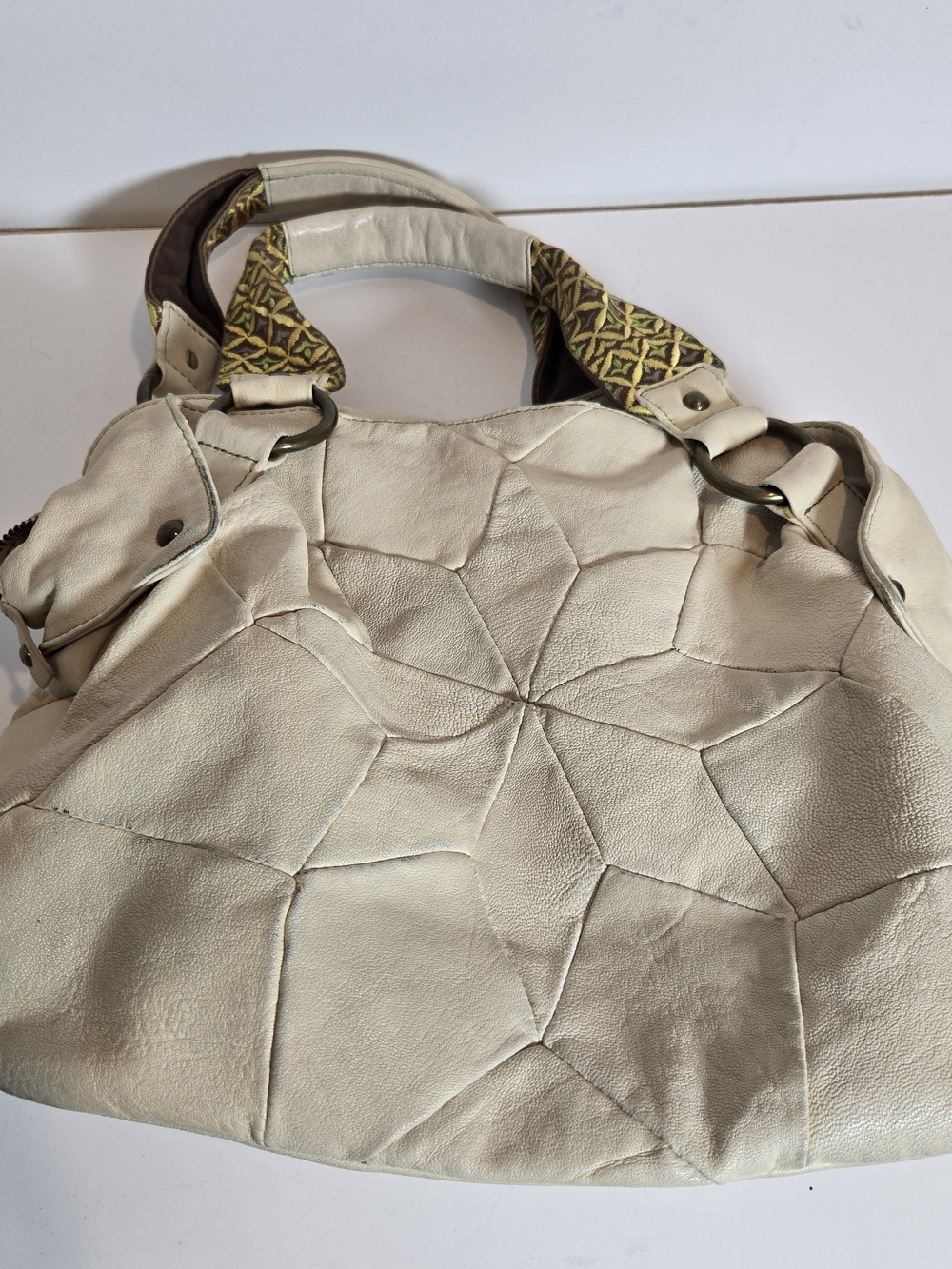 Cream Quilted Patchwork Leather Tote Bag